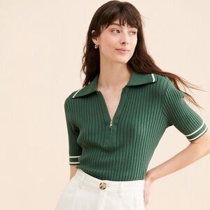 Small Anthropologie varley napier fitted knit polo sweater green white zipper